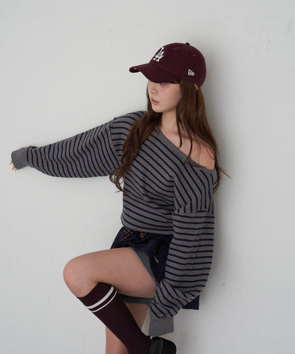 條紋單肩針織衫