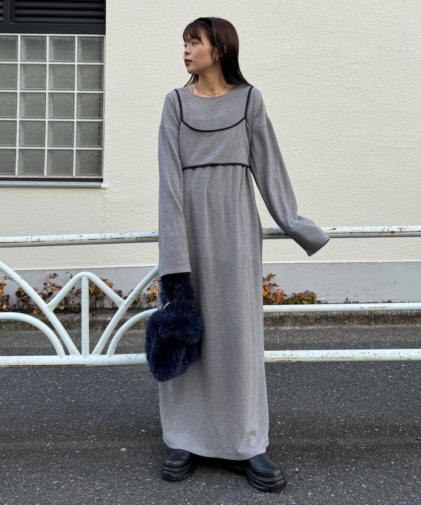 【帶束身胸衣】法蘭絨條紋拼接連衣裙