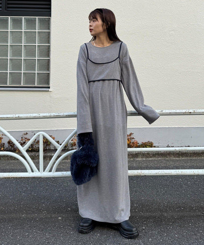 【帶束身胸衣】法蘭絨條紋拼接連衣裙