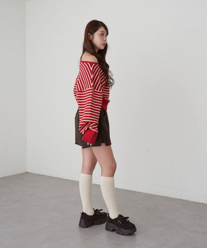 條紋單肩針織衫