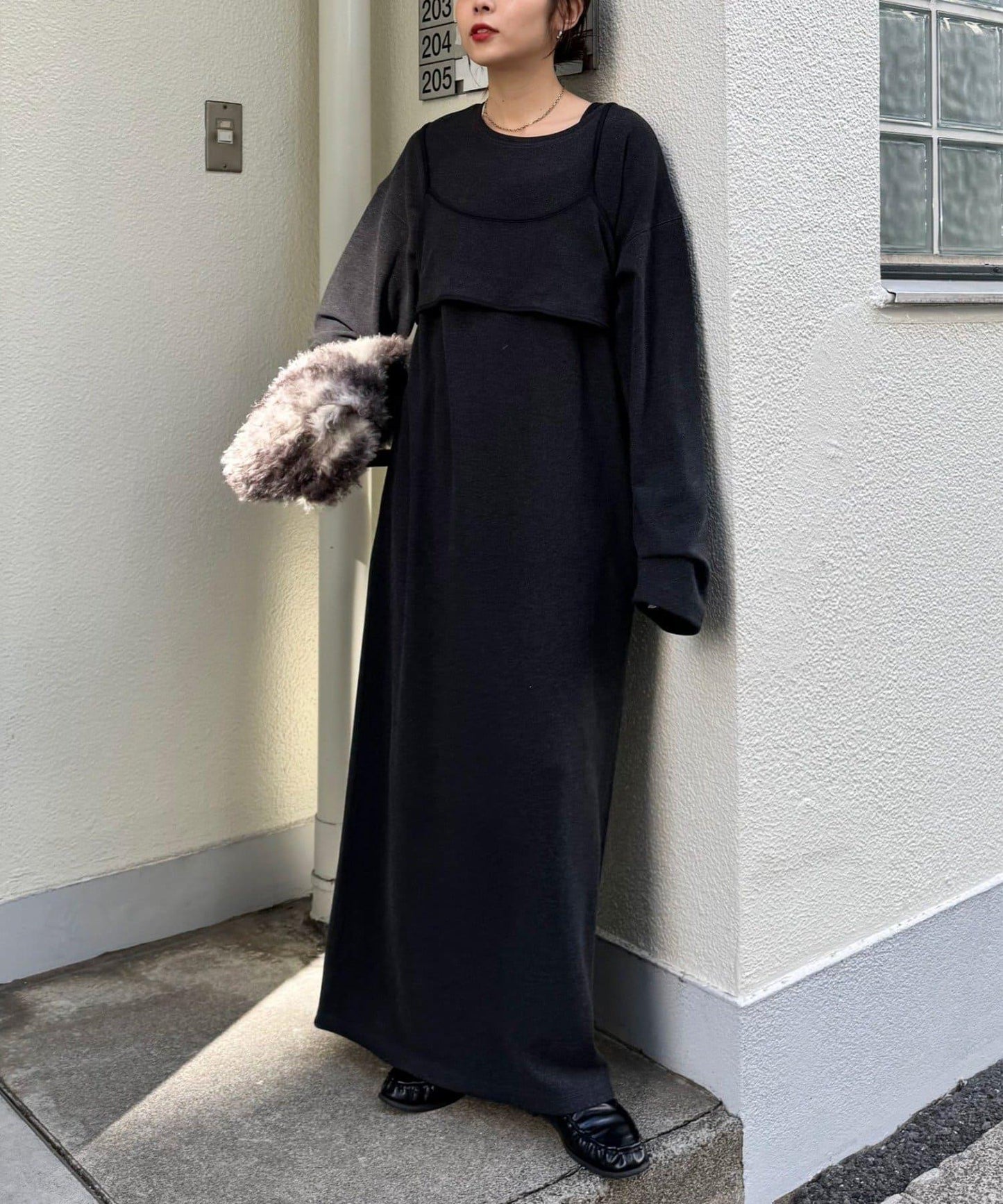 【帶束身胸衣】法蘭絨條紋拼接連衣裙