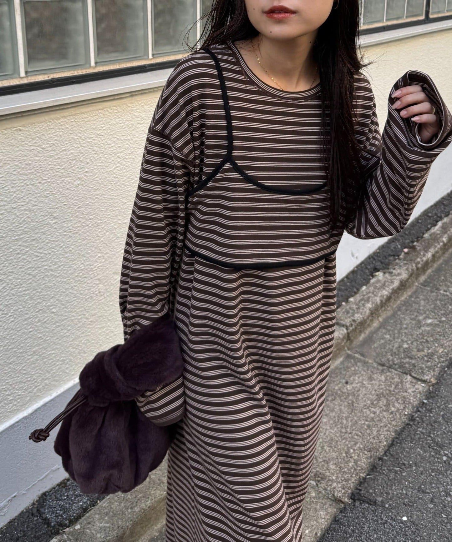 【帶束身胸衣】法蘭絨條紋拼接連衣裙