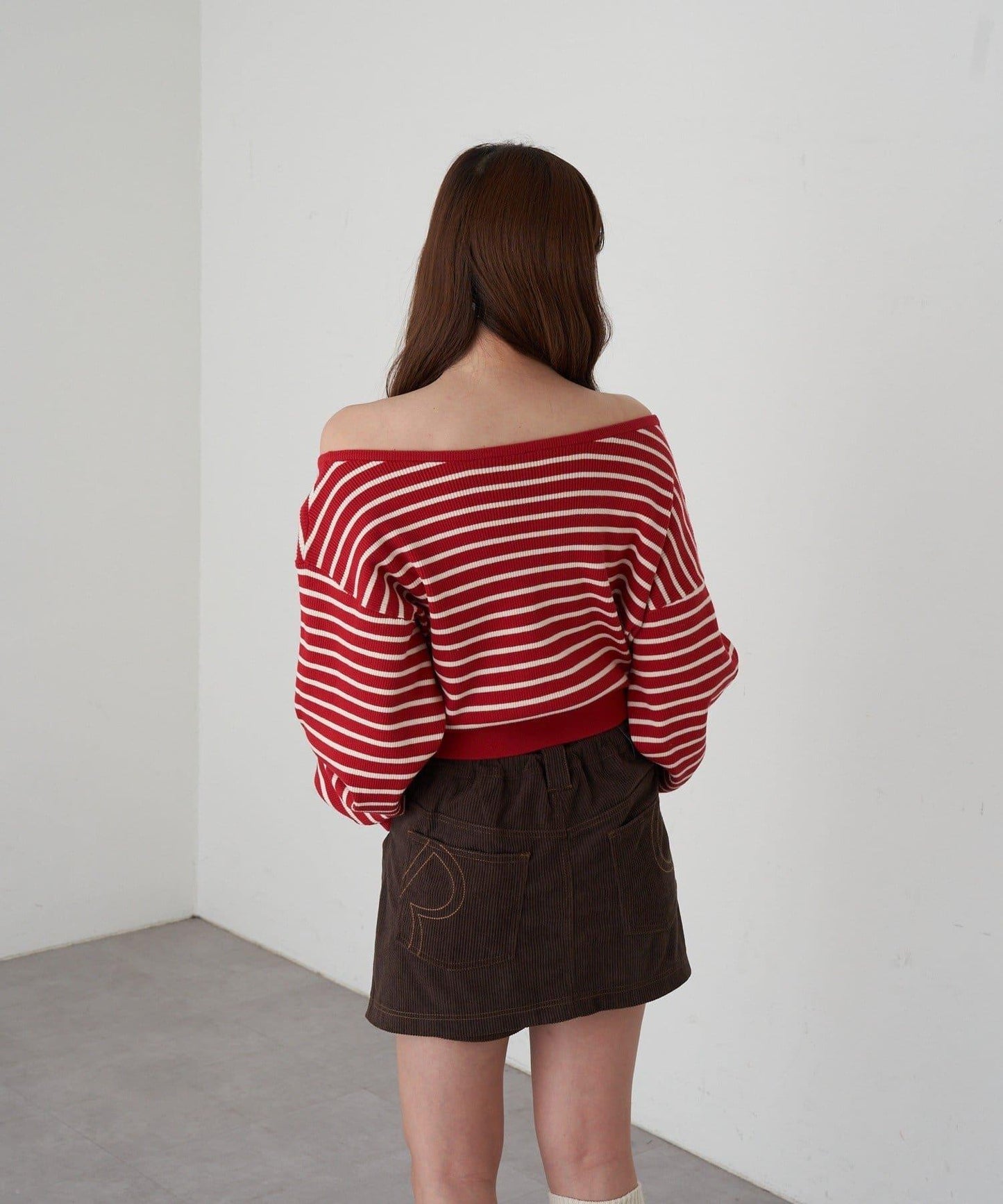 條紋單肩針織衫