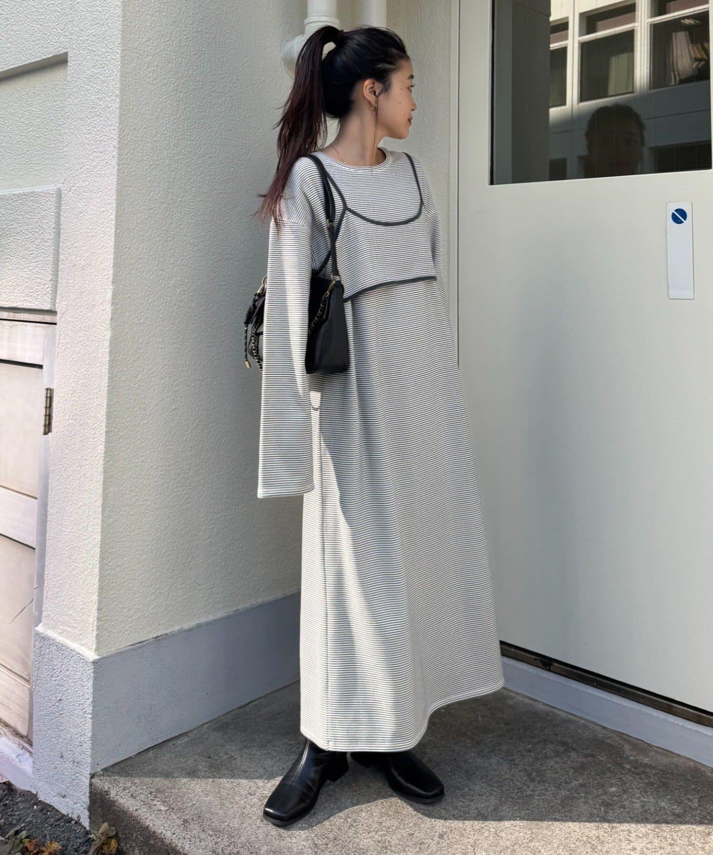 【帶束身胸衣】法蘭絨條紋拼接連衣裙