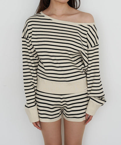 條紋單肩針織衫