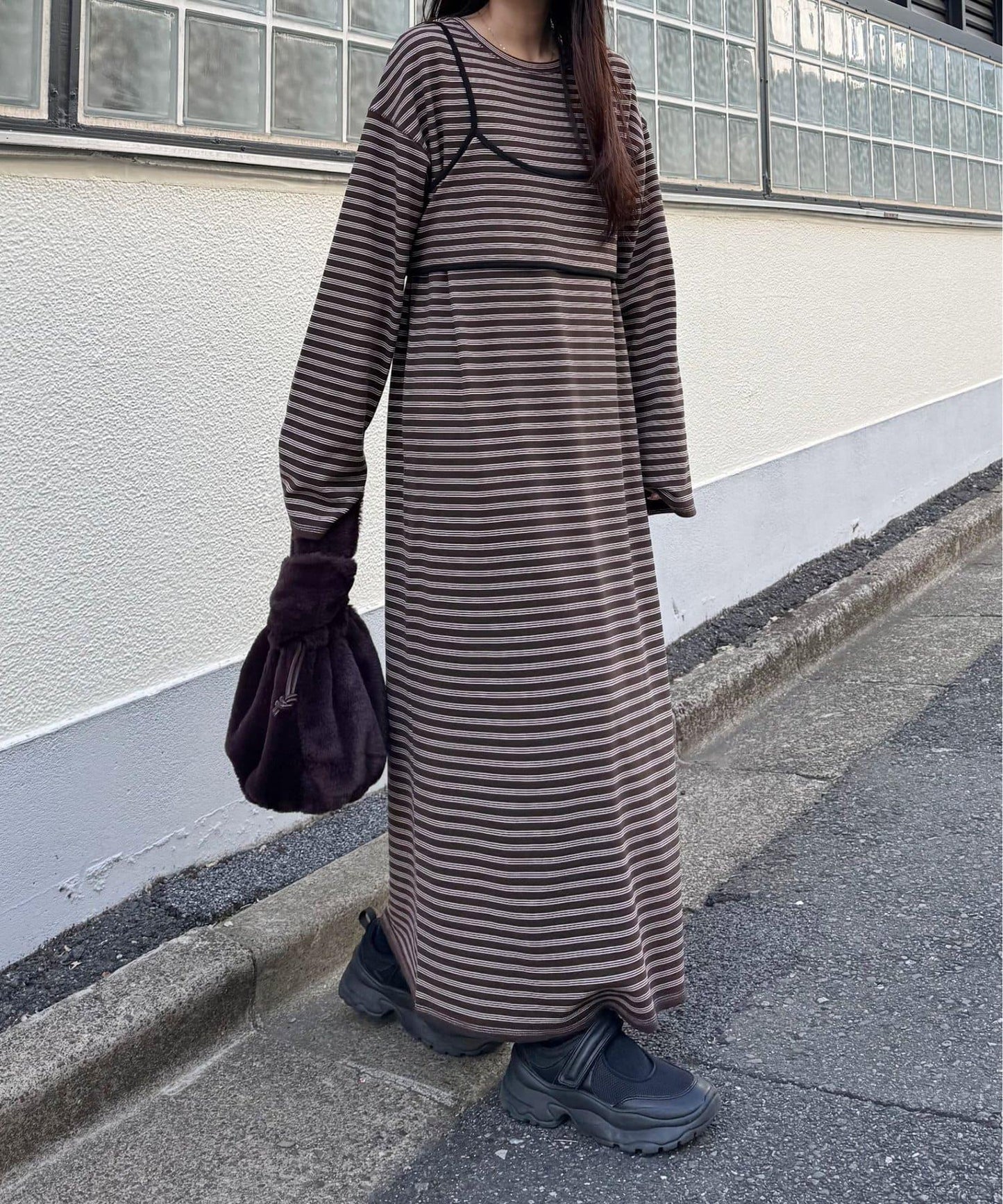 【帶束身胸衣】法蘭絨條紋拼接連衣裙