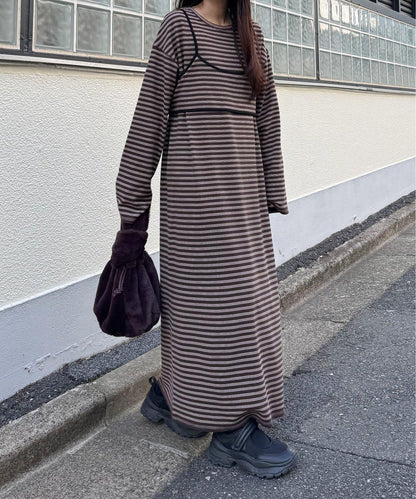 【帶束身胸衣】法蘭絨條紋拼接連衣裙
