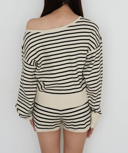 條紋單肩針織衫