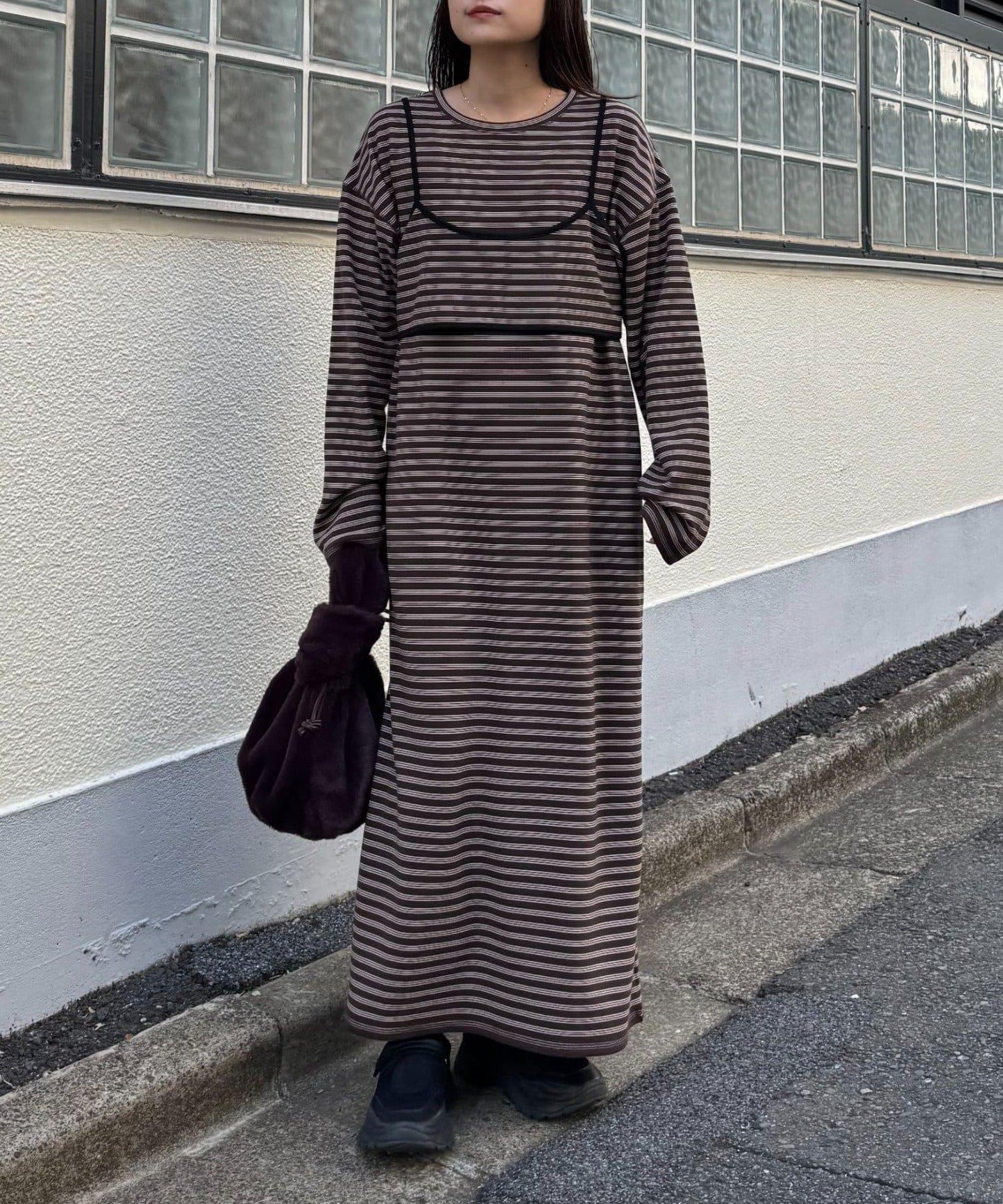 【帶束身胸衣】法蘭絨條紋拼接連衣裙