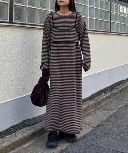 【帶束身胸衣】法蘭絨條紋拼接連衣裙