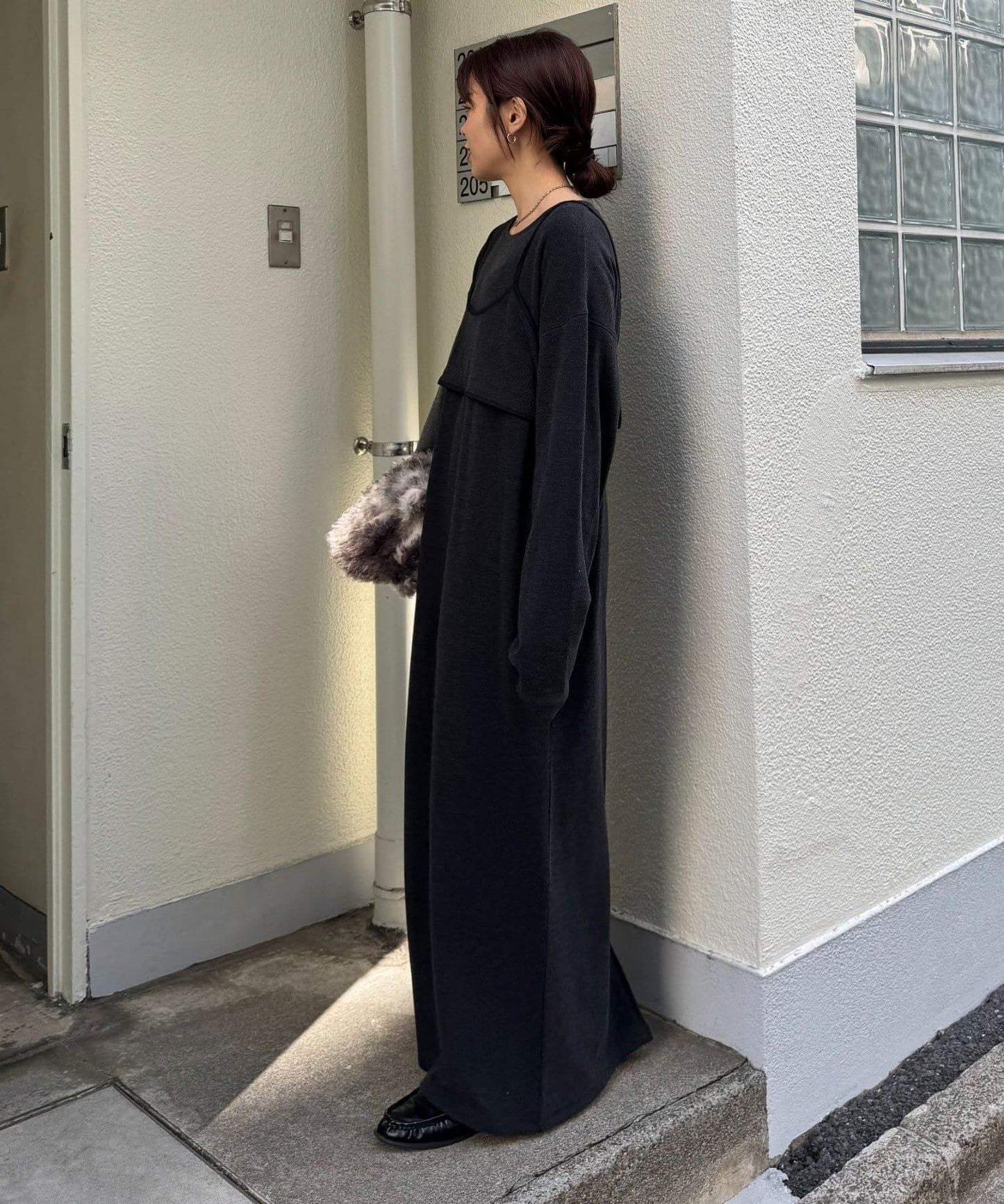 【帶束身胸衣】法蘭絨條紋拼接連衣裙