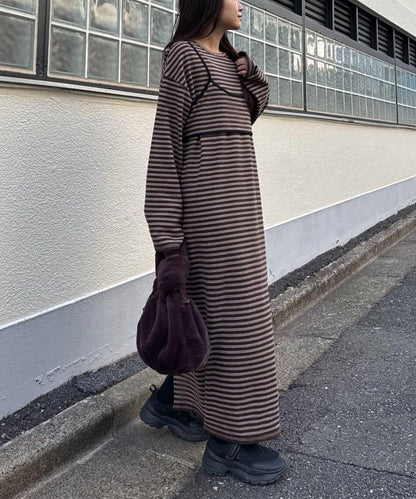 【帶束身胸衣】法蘭絨條紋拼接連衣裙