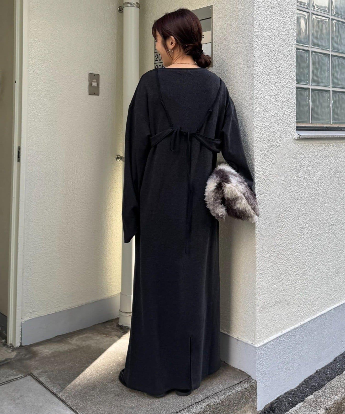 【帶束身胸衣】法蘭絨條紋拼接連衣裙