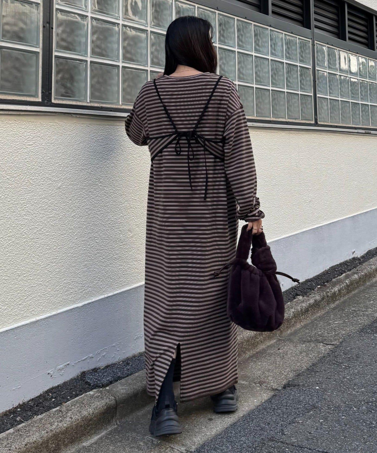 【帶束身胸衣】法蘭絨條紋拼接連衣裙