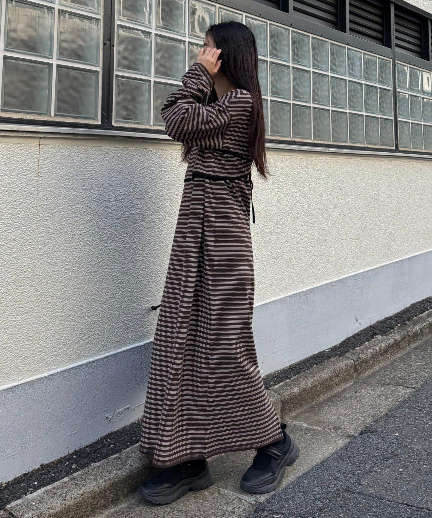 【帶束身胸衣】法蘭絨條紋拼接連衣裙