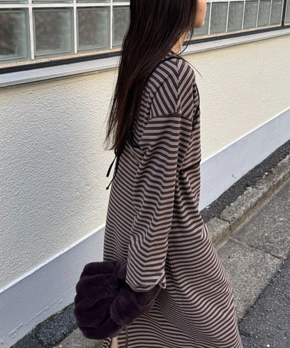 【帶束身胸衣】法蘭絨條紋拼接連衣裙