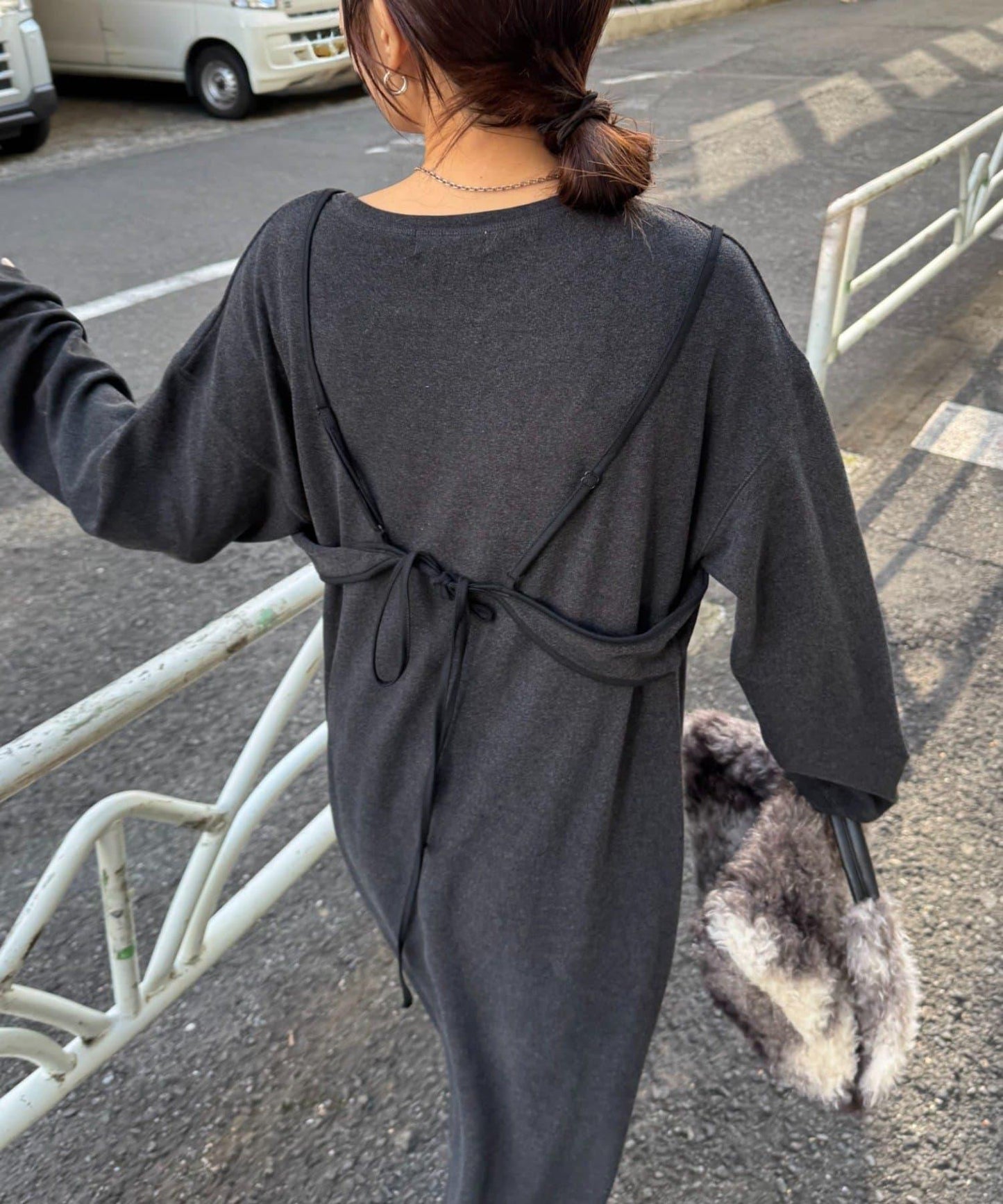 【帶束身胸衣】法蘭絨條紋拼接連衣裙