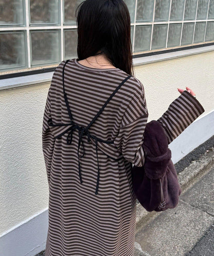 【帶束身胸衣】法蘭絨條紋拼接連衣裙