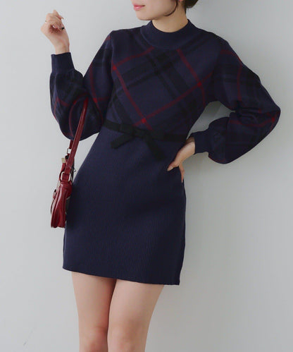 【RMAF】格紋拼接針織迷你連衣裙