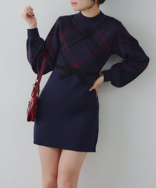 【RMAF】格紋拼接針織迷你連衣裙