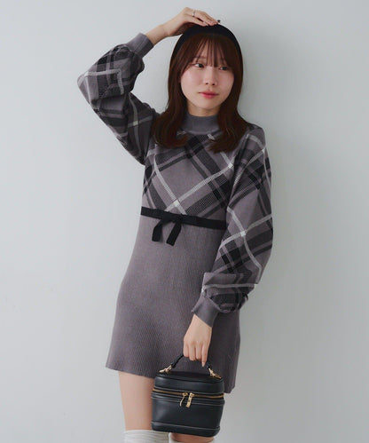 【RMAF】格紋拼接針織迷你連衣裙