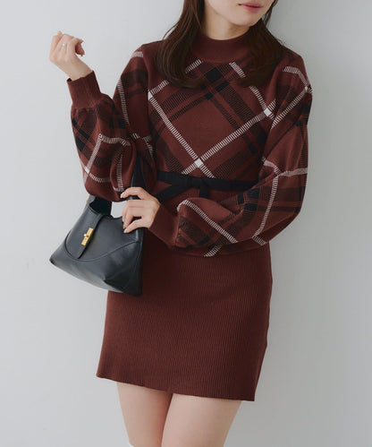 【RMAF】格紋拼接針織迷你連衣裙