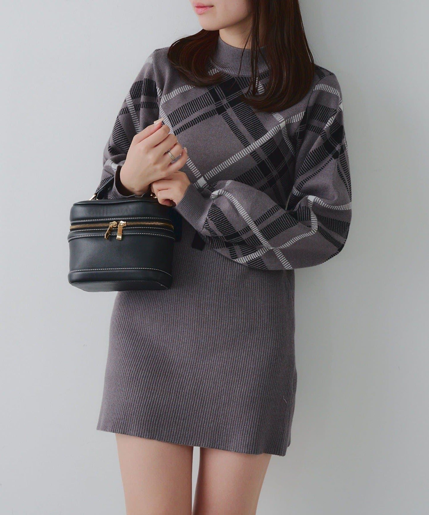 【RMAF】格紋拼接針織迷你連衣裙