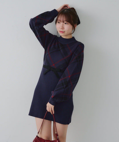 【RMAF】格紋拼接針織迷你連衣裙