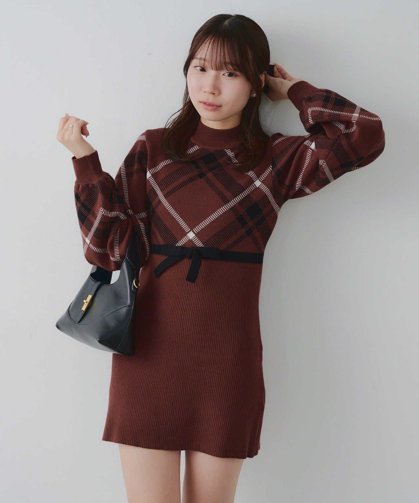 【RMAF】格紋拼接針織迷你連衣裙