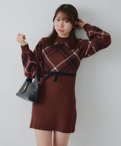【RMAF】格紋拼接針織迷你連衣裙