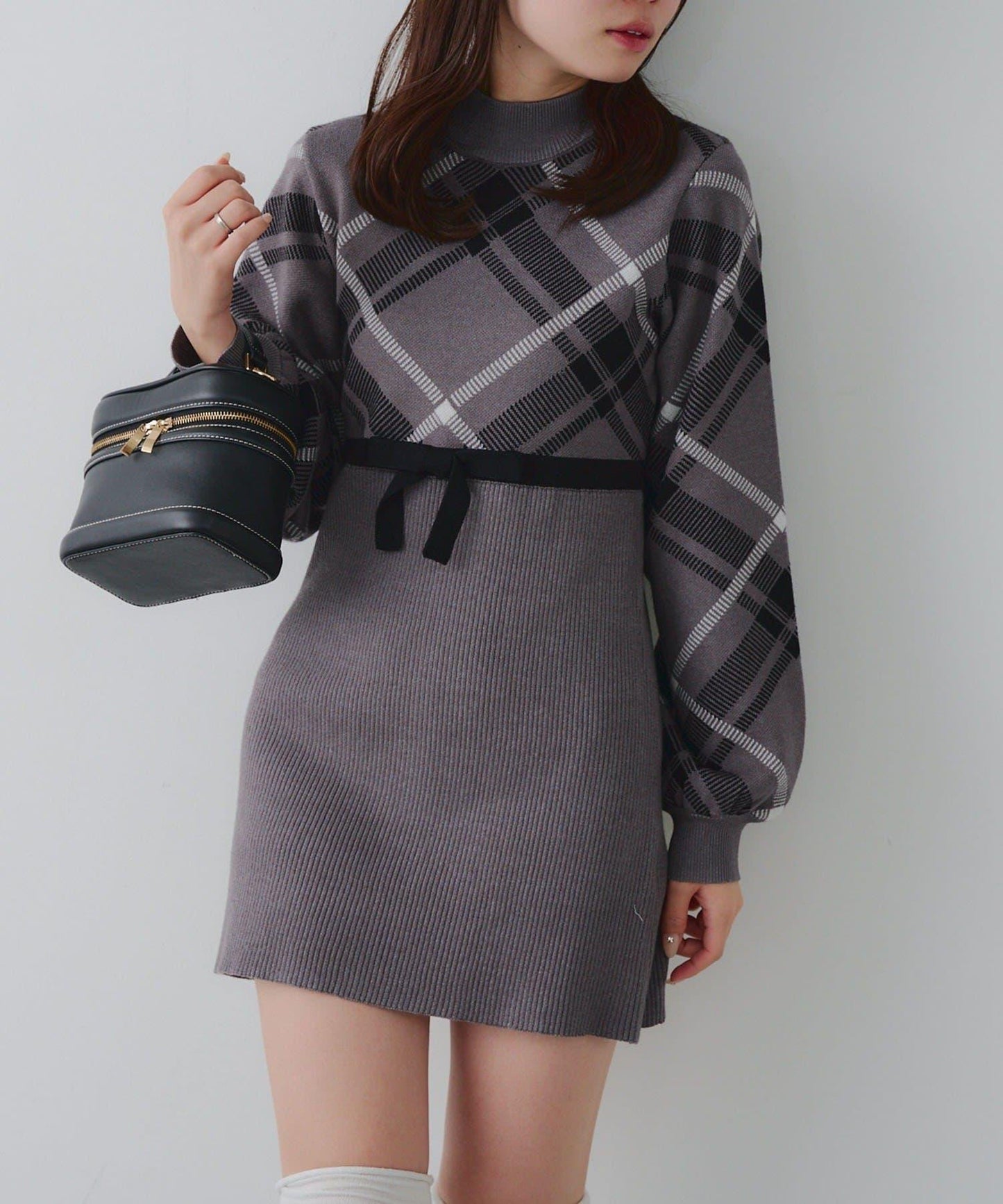 【RMAF】格紋拼接針織迷你連衣裙