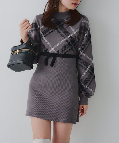 【RMAF】格紋拼接針織迷你連衣裙