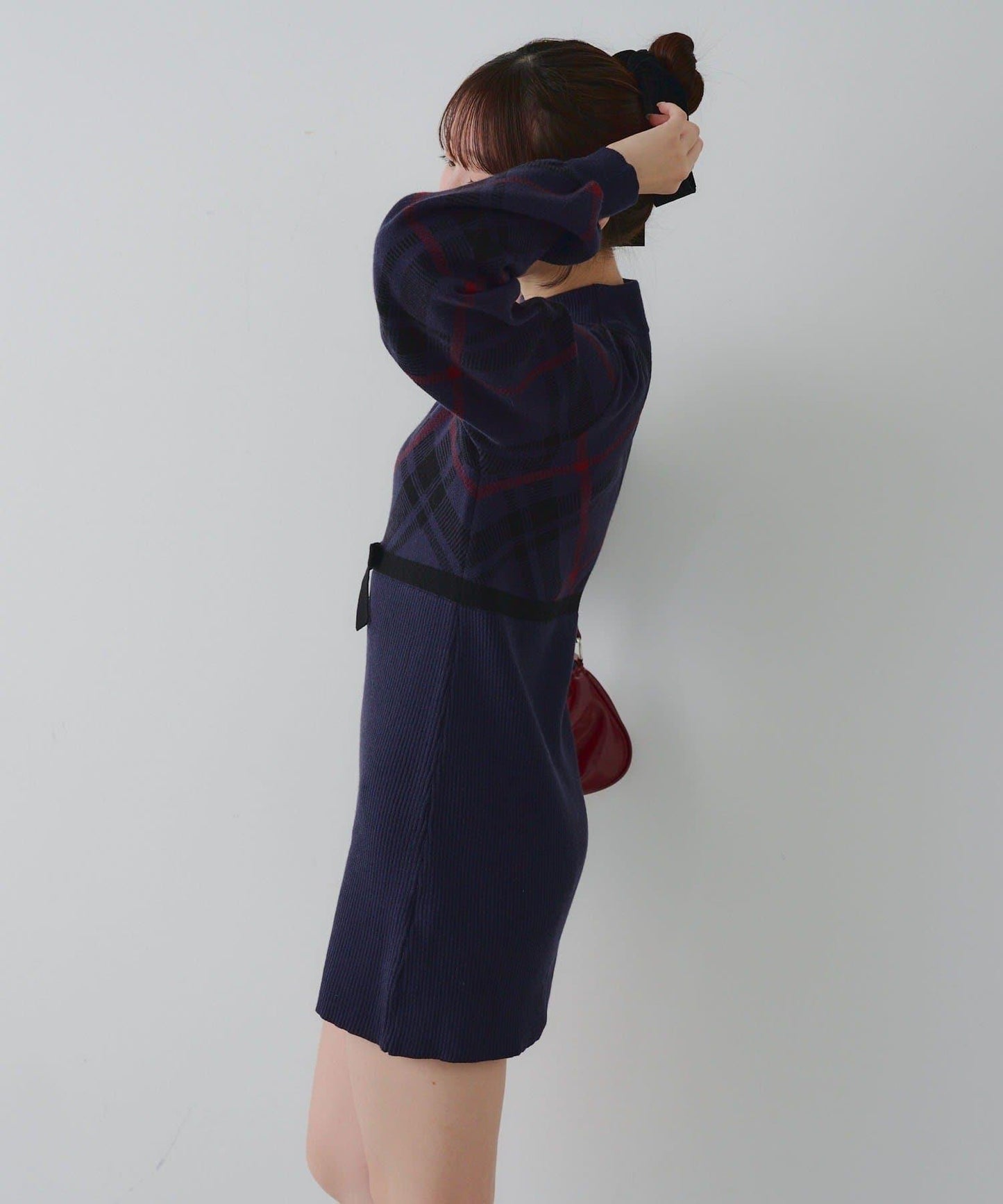 【RMAF】格紋拼接針織迷你連衣裙