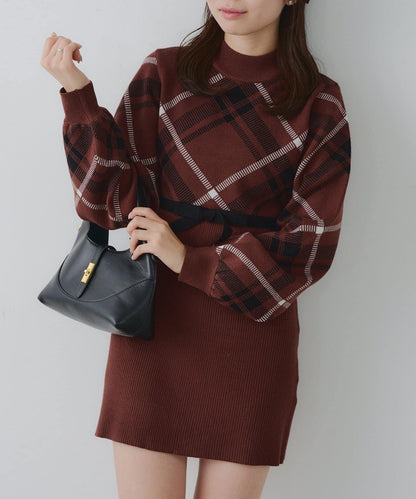 【RMAF】格紋拼接針織迷你連衣裙