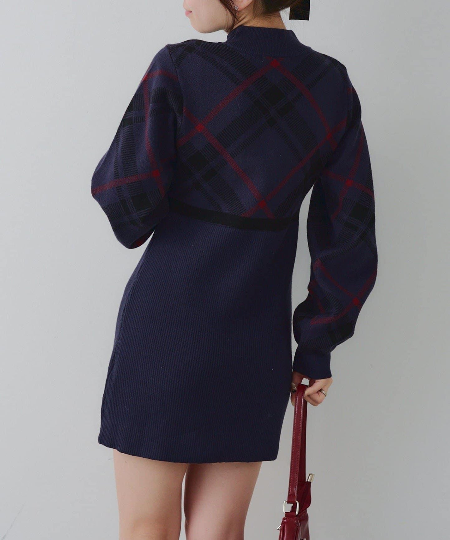 【RMAF】格紋拼接針織迷你連衣裙