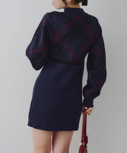 【RMAF】格紋拼接針織迷你連衣裙