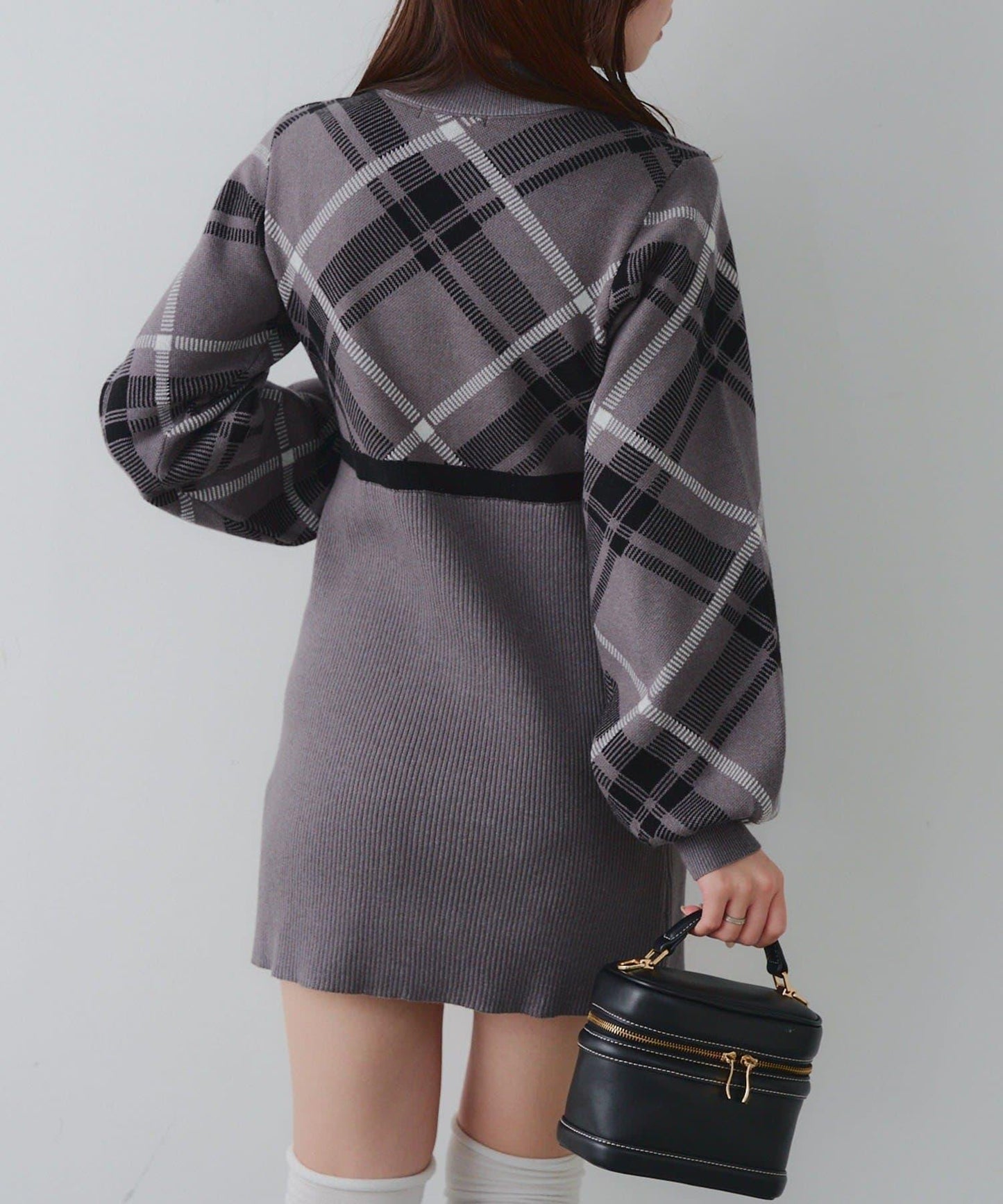【RMAF】格紋拼接針織迷你連衣裙