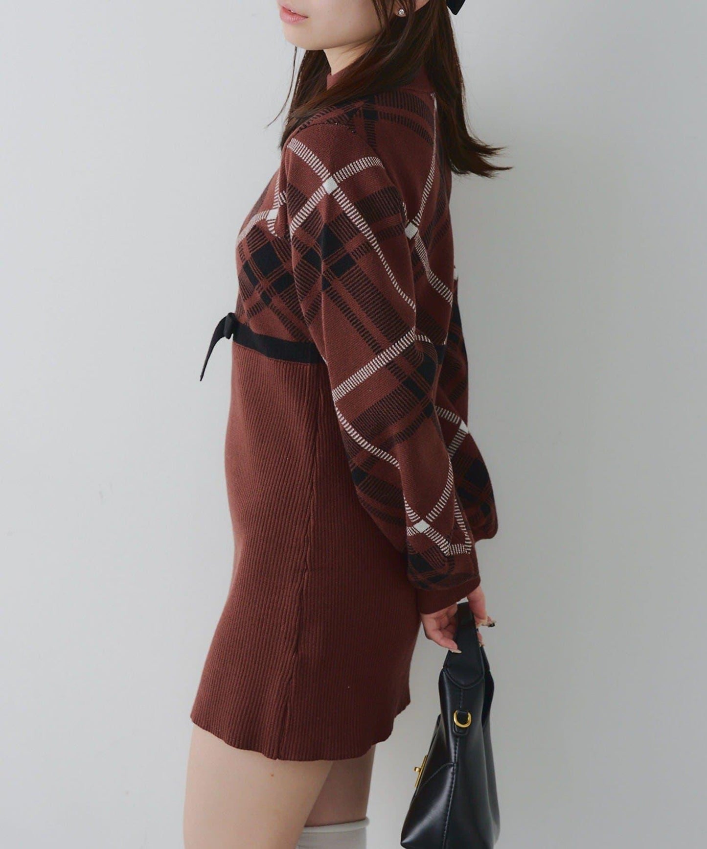 【RMAF】格紋拼接針織迷你連衣裙