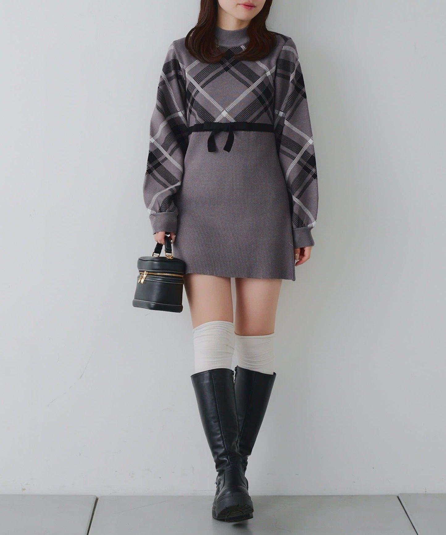 【RMAF】格紋拼接針織迷你連衣裙