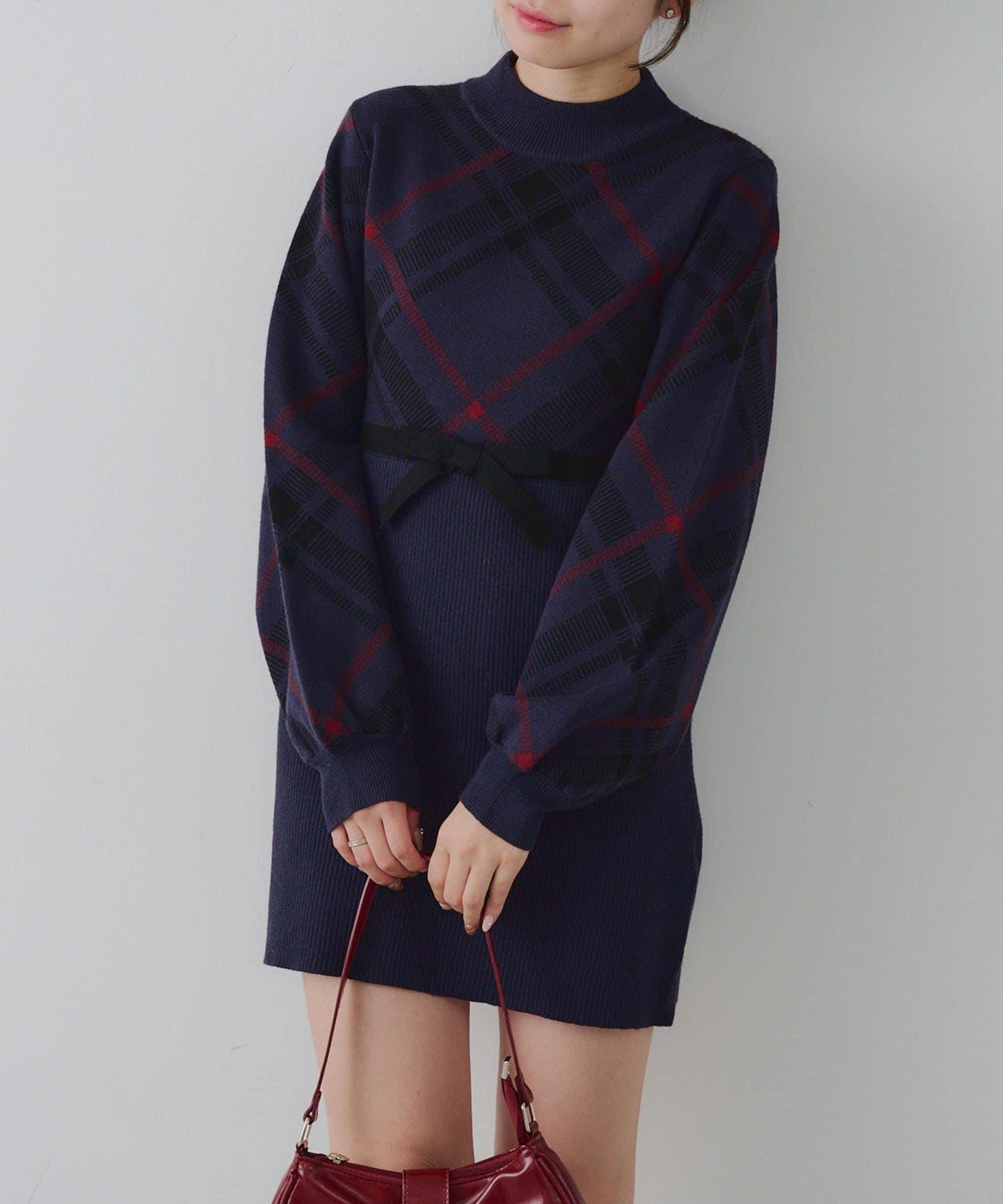 【RMAF】格紋拼接針織迷你連衣裙