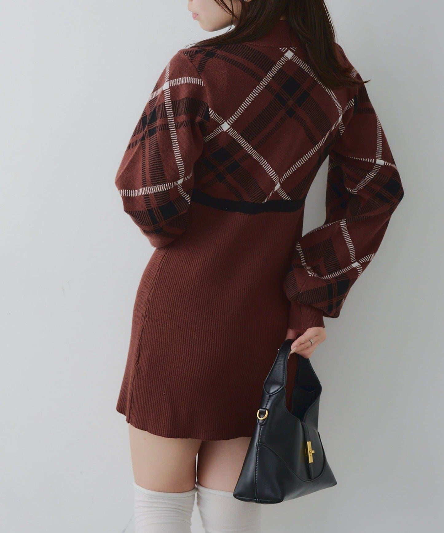 【RMAF】格紋拼接針織迷你連衣裙