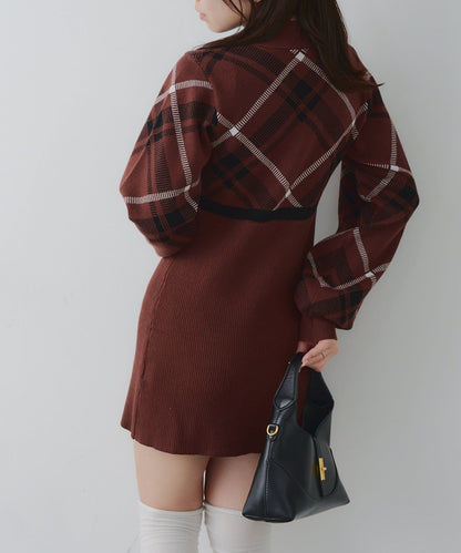 【RMAF】格紋拼接針織迷你連衣裙
