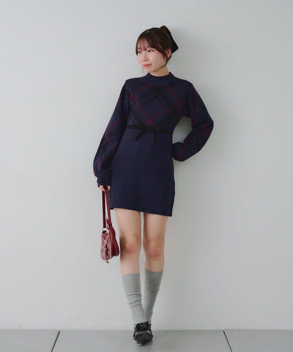 【RMAF】格紋拼接針織迷你連衣裙