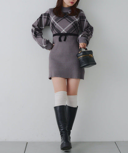 【RMAF】格紋拼接針織迷你連衣裙