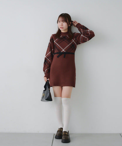 【RMAF】格紋拼接針織迷你連衣裙