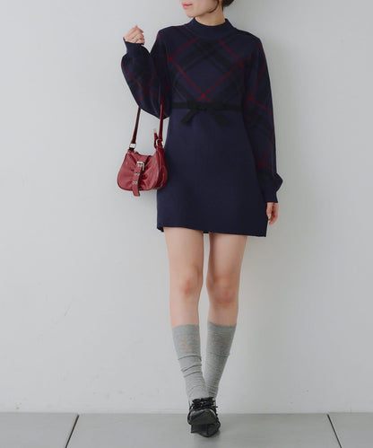 【RMAF】格紋拼接針織迷你連衣裙