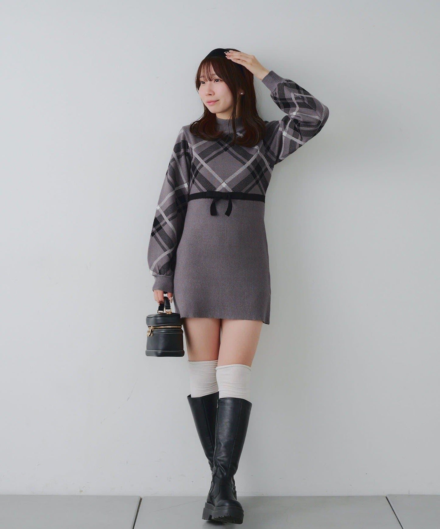 【RMAF】格紋拼接針織迷你連衣裙