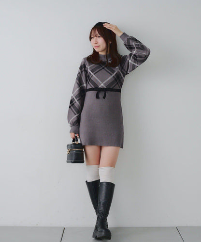 【RMAF】格紋拼接針織迷你連衣裙