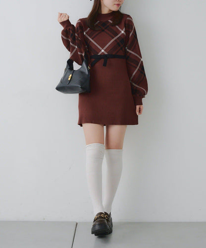【RMAF】格紋拼接針織迷你連衣裙