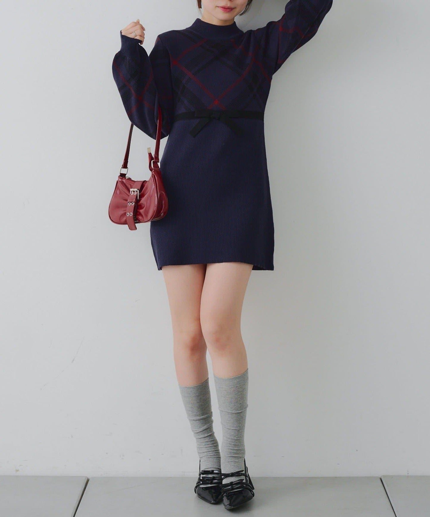 【RMAF】格紋拼接針織迷你連衣裙